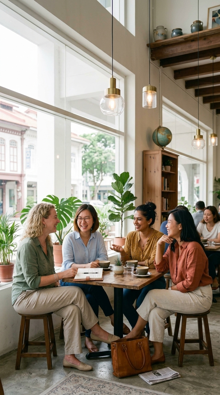 Women chatting over coffee during a Spanish morning